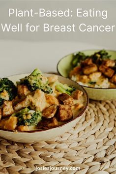 two bowls filled with food sitting on top of a wicker place mat next to each other