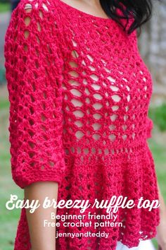 a woman wearing a red crochet top with the words easy breeze top on it