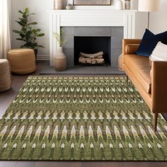 a living room with a couch, fireplace and rug in the shape of sheeps