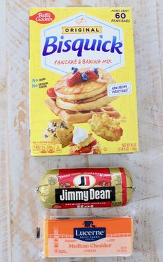 three different types of biscuits and other items on a wooden surface with text overlay that says, original biscuit pancake & baking mix