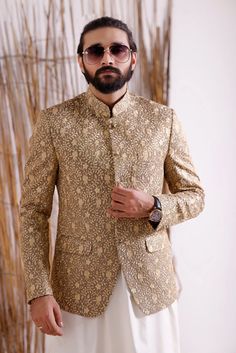 Men Prince Coat Premium Mesuri Fabric  Italian Thread  Simple & Decent Metal Buttons Finest Stitch Branded Design Custom Sizes are also available. Gold Bandhgala With Chikankari Embroidery For Diwali, Formal Gold Kurta With Cutdana Detailing, Gold Kurta With Cutdana For Formal Occasions, Gold Cutdana Kurta For Formal Occasions, Gold Nehru Jacket With Chikankari Embroidery For Diwali, Traditional Bandhgala For Groom During Diwali, Nehru Jacket For Groom At Eid, Ceremonial Nehru Jacket With Traditional Drape, Groom's Sherwani With Dabka Work