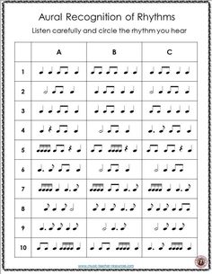 music worksheet for kids to practice their handwriting and numbers with the words aural recognition