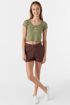 O'Neill Girl's knit short sleeve top Skim length Lettuce Hem and Sleeve Openings Crew neckline Embroidered Art 96% Cotton, 4% Elastane Knit Rib Casual Short Tops For Spring, Green Crew Neck Crop Top For Summer, Casual Tops With Relaxed Fit And Short Length, Casual Short Length Tops With Relaxed Fit, Casual Relaxed Fit Short Top, Summer Green Short Sleeve Crew Neck Top, Green Crew Neck Short Sleeve Top For Summer, Green Crew Neck Crop Top Casual, Trendy Green Short Sleeve Crop Top