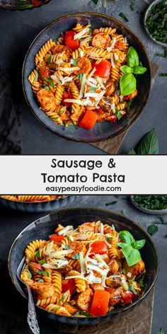 two bowls filled with pasta and vegetables