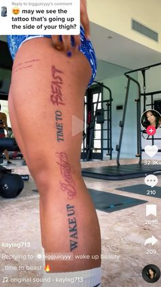 a woman's leg with tattoos on it, and the caption is written in red