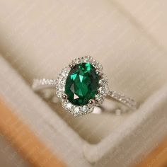 Vintage Emerald Engagement Ring May Birthstone Oval Cut - Etsy Square Cut Engagement Rings, Sterling Silver Halo Ring, Green Engagement Rings, Emerald Cut Solitaire Ring, Emerald Engagement Ring Green, Vintage Emerald Engagement Ring, Silver Halo Ring, Smaragd Ring, January Birthstone Rings