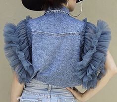 Non-stretch Denim Top For Spring, Fitted Ruffled Denim Jeans, Fitted Denim Jeans With Ruffles, Chic Denim Top With Ruffles, Ruffled Denim Blue Denim Jacket, Spring Ruffled Denim Jeans, Fitted Denim Top With Frayed Hem, Fitted Denim Top With Frayed Hem For Fall, Fall Denim Top With Ruffles