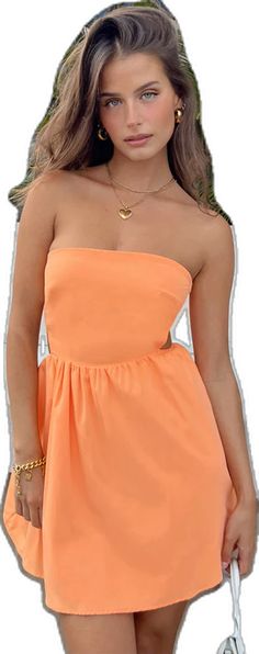 Orange Mini Dress For Summer, Orange Strapless Mini Dress For Summer, Orange Mini Dress For Spring, Summer Orange Mini Dress For Party, Trendy Orange Mini Dress For Night Out, Trendy Orange Mini Dress For Day Out, Orange Mini Dress For Summer Date Nights, Orange Mini Dress For Date Night In Summer, Trendy Orange Mini Dress