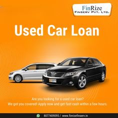 an advertisement for a used car loan with two cars in the foreground and one on the right