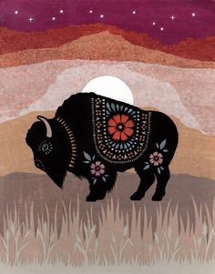 an illustration of a bison with flowers on it's back and the moon in the background