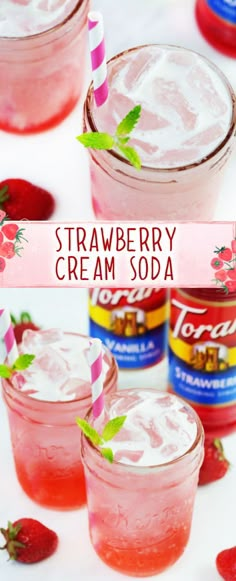 strawberry cream soda in mason jars with strawberries on the side and text overlay