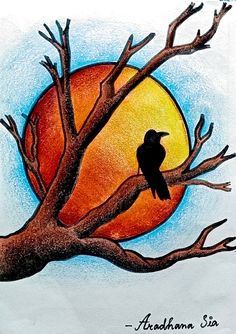 a drawing of a bird sitting on a tree branch with the sun in the background