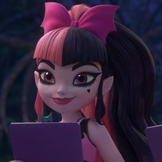 a cartoon girl holding a laptop computer in her hand and wearing a pink bow around her neck