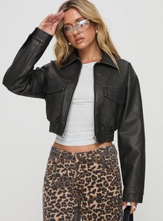 Faux leather jacket Classic collar, ribbed waistband, zip front fastening, twin hip pockets, cropped style, buttoned cuffs Non-stretch, fully lined Main: 100% PU, Lining: 100% polyester Wipe down outer garment with damp cloth, do not wash Fitted Casual Cropped Leather Jacket, Fitted Leather Jacket With Ribbed Cuffs For Fall, Fitted Cropped Leather Jacket For Winter, Cropped Leather Jacket For Fall Streetwear, Cropped Leather Jacket With Zipper For Work, Trendy Fitted Outerwear With Ribbed Cuffs, Cropped Leather Jacket For Winter Streetwear, Edgy Cropped Jacket With Pockets For Fall, Cropped Leather Jacket With Zipper For Fall