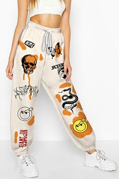 Details: Women Sweatpants Beige Graphic Print Cuffed Graffiti High Waist Drawstring Elastic Sweatpants Beige, Pants Women Casual, Women Sweatpants, Cotton Harem Pants, Instagram People, Harem Pants Women, Printed Sweatpants, Pants Loose, Elastic Waist Pants