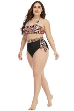 Leopard Two-Piece Plus size Bikini Swimsuit, Tailored Leopard Padded Push-Up Bra Helter Crop Top & A Tummy Control High Waist Bottom With A Leopard Print Belt Detail Bikini Bathing Suit Beach Outwear Take a dip in this black on Leopard Print designed two-piece swimsuit styled perfectly for curves & go up to size 4XL. Styled with a halter crop top, wired padded bra, and brown leopard top and bottom Patchwork detail. Simple yet stylish, this versatile plus-size swimsuit is the perfect choice for t One-piece Leopard Print Beachwear Swimwear, Leopard Print One-piece Swimwear For Beach, Leopard Print One-piece Beachwear Swimwear, Leopard Print Sleeveless Swimwear, Leopard Print Sleeveless Swimwear For Beach, Stretch Leopard Print Swimwear For Pool, Leopard Print Sleeveless Swimwear For Pool, Leopard Print Stretch Swimwear For Pool, Stretch Leopard Print One-piece Swimwear