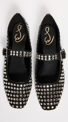 Sam Edelman Michaela Gem Flats | Shopbop Rhinestone Leather Low Heels, Leather Heels With Rhinestones And Low Heel, Leather Heels With Rhinestones And Round Toe, Square Toe Shoes, Chic Flats, Buckled Flats, Whimsical Fashion, Heel Caps, Mary Jane Flats