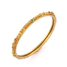 This is part of Chairish’s Fine Jewelry assortment.  Enamel and engraved bangle in 18K gold. It’s a great jewelry ornament to wear on occasions and at the same time works as a wonderful gift for your loved ones. These lovely statement pieces are perfect generation jewelry to pass on. Bangles feel comfortable while wearing it as it is lightweight, designer and skin friendly. Our handmade solid gold bangles are a stylish accessory which is perfect for your daily casual wear or work formal wear.  P Yellow Gold Round Bangle For Marriage, Yellow Gold Hand Set Temple Jewelry Bangle, Gold Temple Jewelry Bangle For Anniversary, Ceremonial 14k Yellow Gold Bangle, Temple Jewelry Yellow Gold Bangle, Elegant Bangle With Intricate Design For Marriage, 14k Gold Ceremonial Bangle, Yellow Gold Plated Temple Jewelry Bangle, Ceremonial Yellow Gold Hand Set Bangle