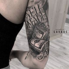 a woman with a tattoo on her arm has a jar and money in the background