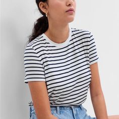 White And Navy Blue Striped T Shirt, Never Worn. Condition Like New. Trendy Everyday Gap Tops, Striped Cotton Gap Tops, Gap Striped Cotton Tops, White Everyday Gap Tops, Everyday White Gap Tops, White Relaxed Fit T-shirt By Gap, Trendy White Gap Tops, White Trendy Gap Tops, Casual Striped Gap Tops