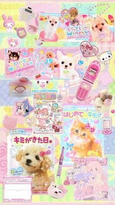 an assortment of stickers and decals on a colorful background with japanese characters in the center