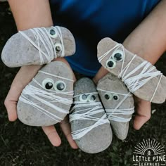 a person holding four rocks with googly eyes on them