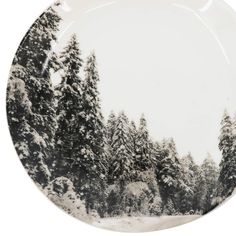 a black and white photo of snow covered trees on a plate with the sky in the background