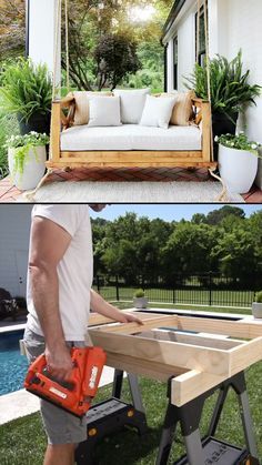 a man is working on a porch swing with a cordless saw and drill bit