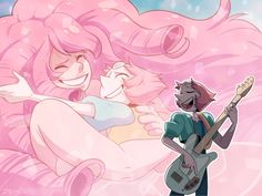 two cartoon characters are hugging and one is holding a guitar while the other has pink hair