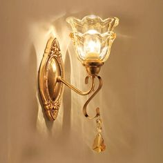 a wall light that is on the side of a wall with a glass shade hanging from it's arm