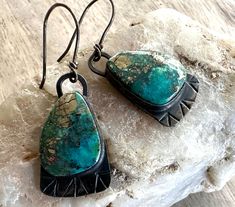 Amazing New Mexico handcrafted earrings, purchased in the northern part of the state from an artisan with a beautiful eye for stones. Sterling has oxidized to that rich old charcoal hue--polish or leave as-is. Handmade ear wires, too! Nice weight, substantial stones. Please see photos. Arrives in a pretty gift box.  Not returnable. Rustic Turquoise Earrings For Gift, Green Artisan Jewelry With Oxidized Finish, Green Oxidized Artisan Jewelry, Artisan Green Jewelry With Oxidized Finish, Turquoise Hand Forged Drop Earrings, Blue Artisan Earrings With Oxidized Finish, Artisan Blue Earrings With Oxidized Finish, Hand Forged Rustic Earrings For Gift, Artisan Teardrop Jewelry With Patina