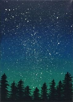 the night sky is filled with stars and trees