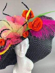 Oversized floppy hat adorned with bright shades of neon! crown measures 22.5” Please measure prior to purchasing as all sales are final. Don’t forget to follow @thehathive on instagram! Fun Summer Hats For Costume Party, Fun Spring Costume Hats And Headpieces For Party, Fun Spring Party Costume Hats And Headpieces, Fun Costume Hats And Headpieces For Spring Party, Trendy Hat For Kentucky Derby Party, Trendy Hats For Kentucky Derby Party, Trendy Kentucky Derby Party Hat, Multicolor Carnival Hats For Summer, Multicolor Summer Carnival Hat