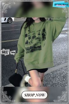 Korean Style Print Green Hoodie Women Oversize Sweatshirt Female Harajuku Fashion Long Sleeve Pullover O-neck Tracksuit Oversized Harajuku Sweatshirt For Fall, Oversized Harajuku Sweatshirt For Winter, Oversized Harajuku Style Winter Sweatshirt, Oversized Long Sleeve Harajuku Tops, Green Long Sleeve Hoodie With Graphic Print, Harajuku Style Letter Print Sweatshirt For Fall, Oversized Harajuku Cotton Sweater, Oversized Cotton Harajuku Sweater, Harajuku Style Long Sleeve Spring Sweatshirt