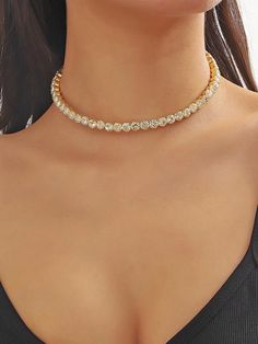 Gold  Collar  Glass Rhinestone   Embellished   Women Fashion Jewelry Rhinestone Choker Necklace, Womens Chokers, Rhinestone Choker, Birthday Photoshoot, Ladies Party, Ring Bracelet, Prong Setting, Necklaces Bracelets