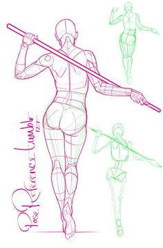 a drawing of a woman holding a pole with three different poses on her body and the words, how to draw female bodies