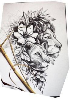 a drawing of two lions with flowers on their head and a pencil next to it