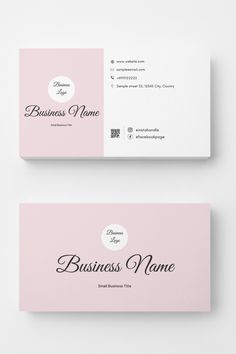 two pink business cards with black lettering on them