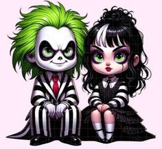 two cartoon characters sitting next to each other with green eyes and black hair, dressed in halloween costumes