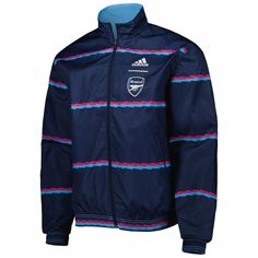 the adidas jacket in blue with pink, white and blue stripeing on it