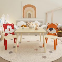 two children's chairs and a table in a playroom with toys on the floor