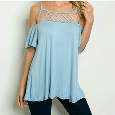 Lattice Cold Shoulder Tee, Baby Blue. This Tee Is So Soft And Comfy!! The Tee Features A Lattice Cold Shoulder Design With A Relaxed Fit. Soft Jersey Made From 96%Cotton And 4% Spandex. Made Proudly In The Usa!! Chic Blue T-shirt For Summer, Blue Short Sleeve Summer Tops, Trendy Light Wash Stretch Tops, Blue Stretch Summer Tops, Stretch Light Wash Top For Day Out, Stretch Light Blue Beach Top, Light Blue Stretch Tops For Beach, Light Blue Stretch Top For Beach, Stretch Light Blue Top For The Beach