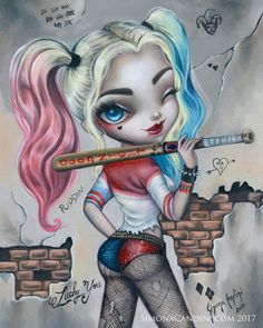 a drawing of a girl with pink hair and blue eyes, holding a baseball bat