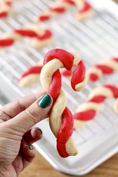 a hand holding a candy cane with red and white icing on it next to cookies