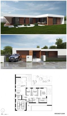 two different views of the same house from each side, one with an open floor plan and