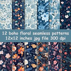 12 floral seamless patterns in different colors