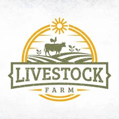 the logo for livestock farm with an image of a cow and sun in the background