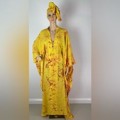 New Without Tags Handmade African Print Yellow And Red Colorful Multicolor Cutout Maxi Dress One Size Fits All 100% Cotton 58” Length Handmade Yellow Maxi Length Kaftan For Spring, Yellow Flowy Long Maxi Dress, Flowy Yellow Long Maxi Dress, Yellow Bohemian Dress With Kimono Sleeves, Bohemian Yellow Dress With Kimono Sleeves, Long Yellow Kimono For Festivals, Yellow Dress With Kimono Sleeves For Vacation, Yellow Dresses With Kimono Sleeves For Vacation, Spring Yellow Cotton Kaftan