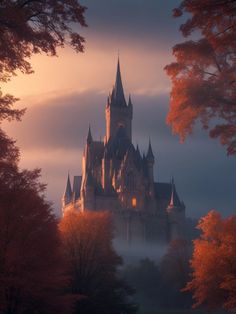 a castle in the middle of trees with fog on it's sides and light coming from its windows