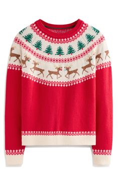 The Fair Isle design goes full-on holiday in this bright and festive crewneck sweater knit with intarsia Christmas trees and reindeer. Crewneck Long sleeves Ribbed cuffs and hem 44% polyamide, 36% wool, 15% cotton, 5% alpaca Machine wash, line dry Imported Pink Holiday Sweater, Cute Christmas Sweaters, Fair Isle Jumper, Fair Isle Pullover, Cute Christmas Sweater, Reindeer Sweater, Holiday 2024, Christmas Sweaters For Women, Camel Sweaters